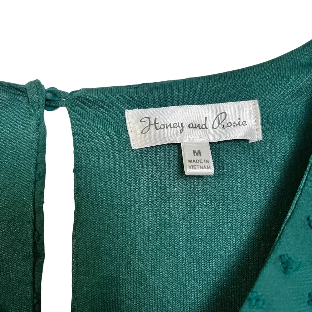 Honey & Rosie Green Swiss Dot Tiered Ruffle Long Sleeve V Neck Dress Size M‎